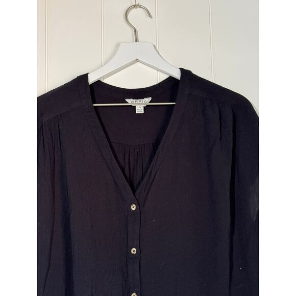 Orvis Short Sleeve Button Front Blouse V-Neckline Black Size Large - Picture 4 of 9